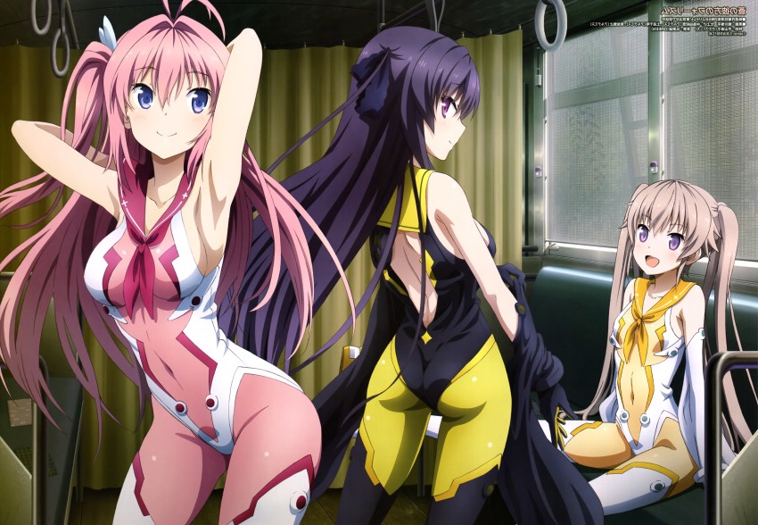 3girls :d absurdres ao_no_kanata_no_four_rhythm arisaka_mashiro armpits arms_behind_head ass bare_shoulders black_hair blue_eyes bodysuit contrapposto hair_ornament highres koikawa_shinpei kurashina_asuka long_hair looking_back multiple_girls open_mouth pink_hair purple_eyes purple_hair side_ponytail sitting smile tobisawa_misaki twintails