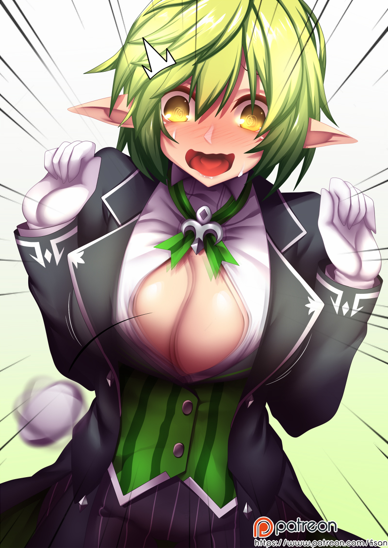 1girl blush breasts bursting_breasts butler cleavage elsword female_butler fi-san formal gloves gradient gradient_background green_hair large_breasts motion_blur open_mouth pointy_ears popped_button rena_(elsword) ribbon short_hair solo suit surprised wardrobe_malfunction white_gloves