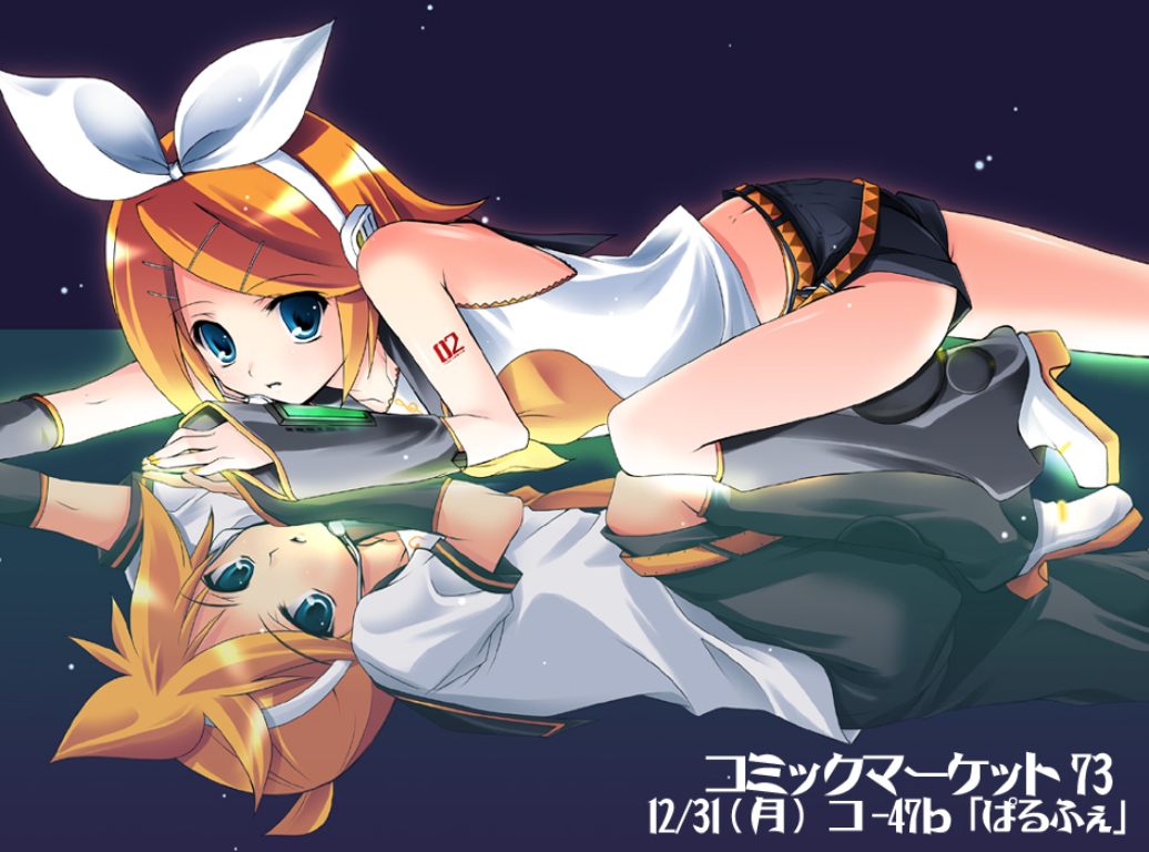 1boy 1girl artist_request bare_shoulders black_shorts blonde_hair blue_eyes boots bow brother_and_sister detached_sleeves different_reflection gloves headphones headset kagamine_len kagamine_rin looking_at_viewer lying midriff musical_note musical_note_print on_stomach panties reflection school_uniform serafuku short_hair short_shorts shorts siblings source_request tattoo thighs translation_request underwear vocaloid