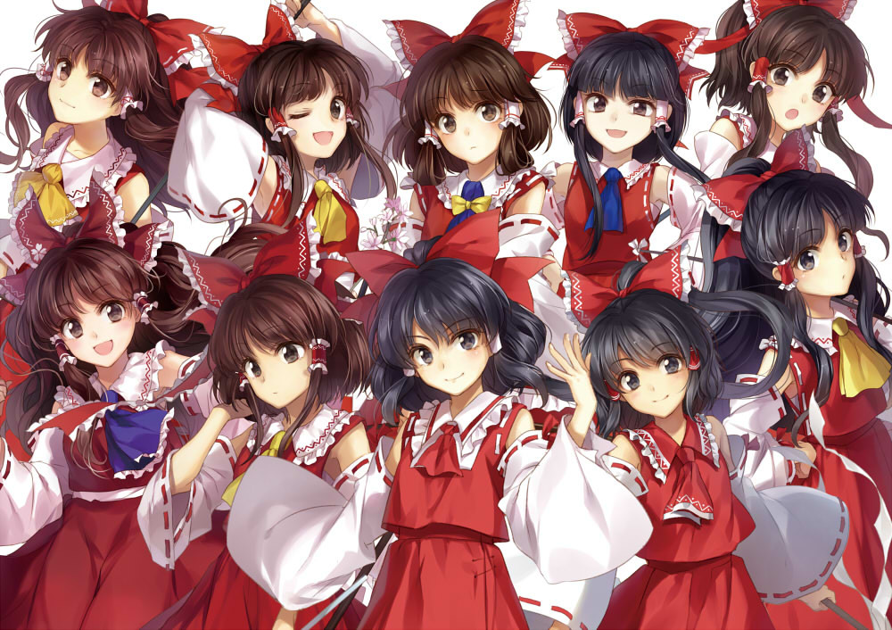 6+girls annotated armpits ascot black_eyes black_hair blue_ascot blush bow brown_eyes brown_hair commentary_request detached_sleeves gohei hagiwara_rin hair_bow hair_tubes hakurei_reimu looking_at_viewer multiple_girls multiple_persona one_eye_closed open_mouth red_ascot red_bow ribbon-trimmed_sleeves ribbon_trim simple_background skirt skirt_set smile touhou white_background wide_sleeves yellow_ascot
