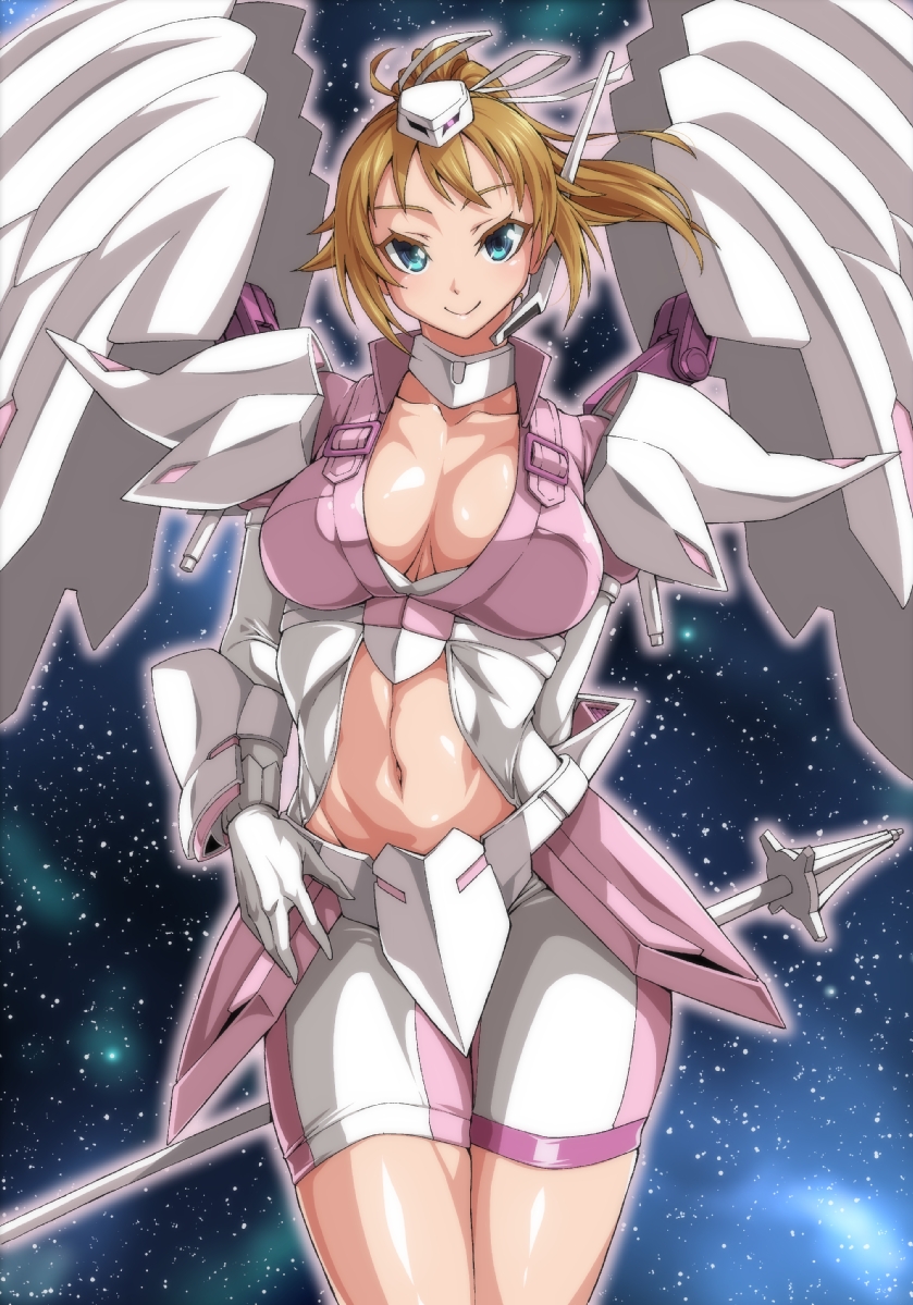 1girl arm_behind_back armor bike_shorts blue_eyes blush breasts breasts_apart brown_hair choker commentary_request cowboy_shot elbow_gloves faulds gauntlets gloves gundam gundam_build_fighters gundam_build_fighters_try headset hoshino_fumina large_breasts legs_together mecha_musume mechanical_wings navel navel_cutout ozaneko ponytail shiny shiny_clothes shiny_hair shiny_skin smile solo staff standing star starry_background super_fumina wings