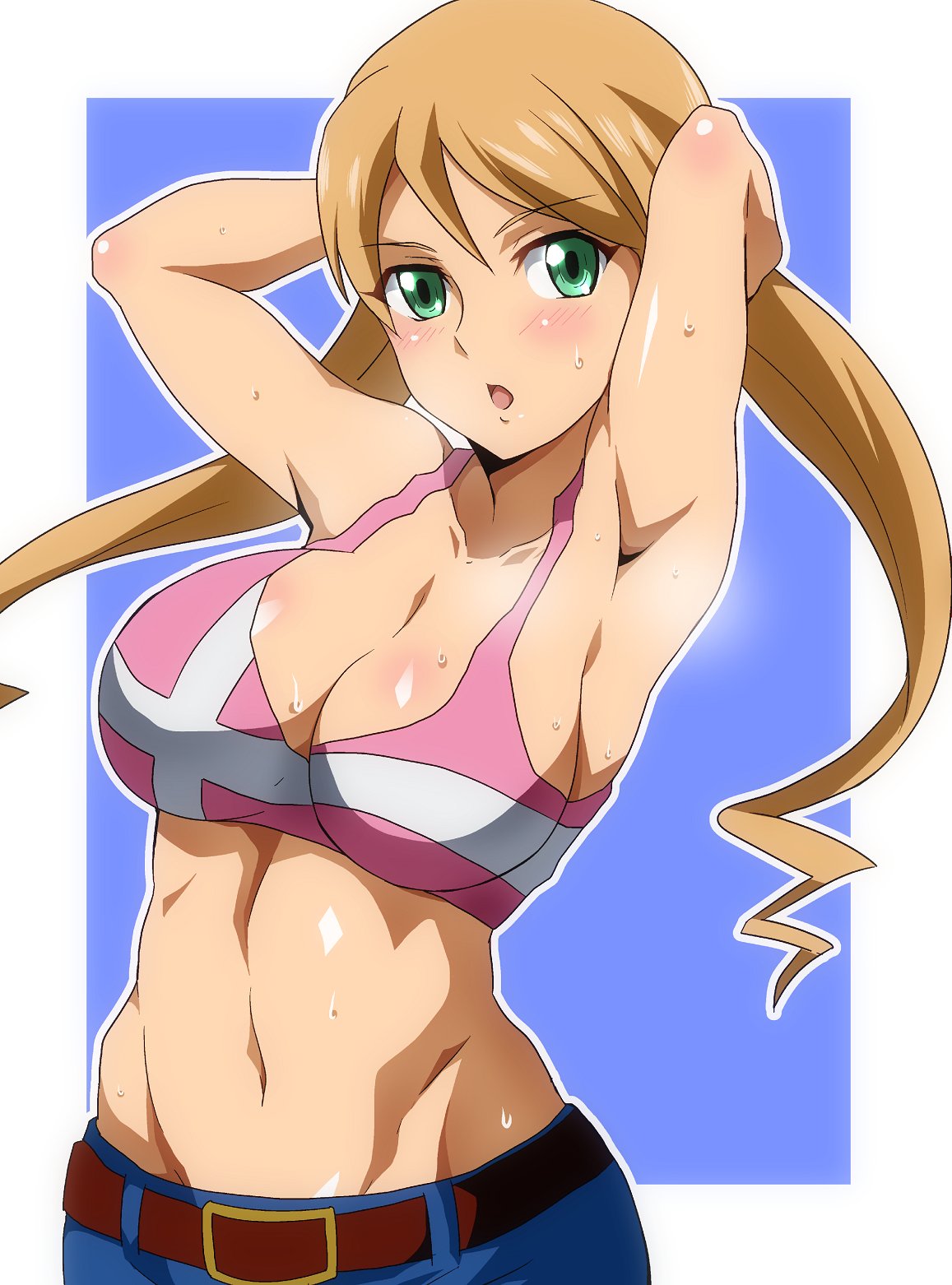 1girl :o armpits arms_behind_head belt blonde_hair blush breasts bustier cleavage drill_hair earrings green_eyes gundam gundam_tekketsu_no_orphans heart heart_earrings hera_(hara0742) highres jewelry lafter_frankland large_breasts long_hair looking_at_viewer navel short_shorts shorts solo sweat twin_drills twintails