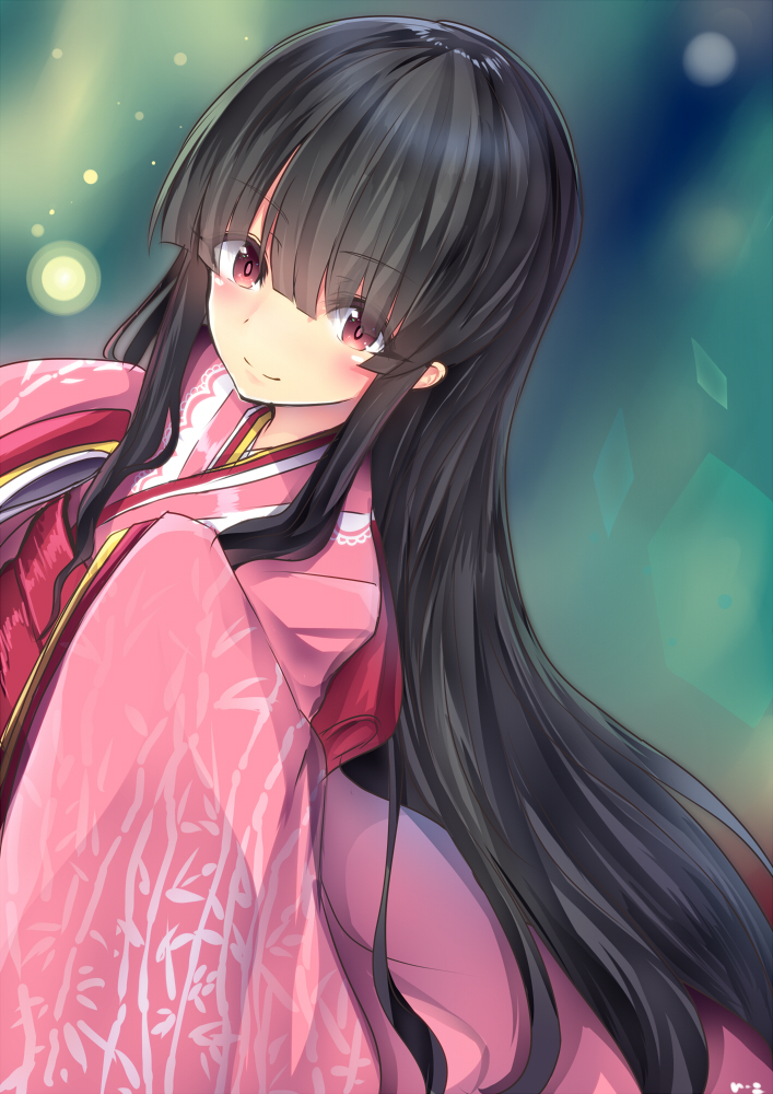 1girl adapted_costume black_hair blush closed_mouth hime_cut houraisan_kaguya japanese_clothes kimono long_hair long_sleeves obi red_eyes sash sidelocks smile solo touhou upper_body very_long_hair wide_sleeves xe-cox