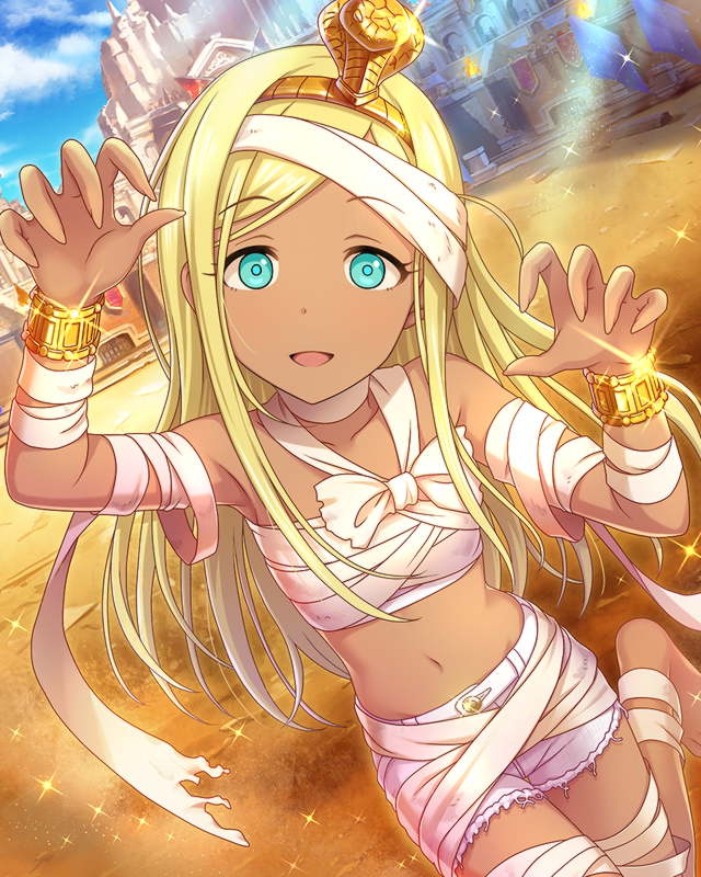 1girl :d aqua_eyes artist_request bandage barefoot blonde_hair blue_sky bow bracelet building castle claw_pose collarbone cosplay costume dark_skin day dot_nose dutch_angle egyptian eyebrows eyebrows_visible_through_hair eyelashes feet ground hair_ornament hands_up head_tilt idolmaster idolmaster_cinderella_girls jewelry jpeg_artifacts layla_(idolmaster) leg_lift long_hair looking_at_viewer midriff mummy mummy_(cosplay) navel official_art open_mouth outdoors shorts sky smile snake_hair_ornament solo sparkle tareme tiara uraeus white_shorts