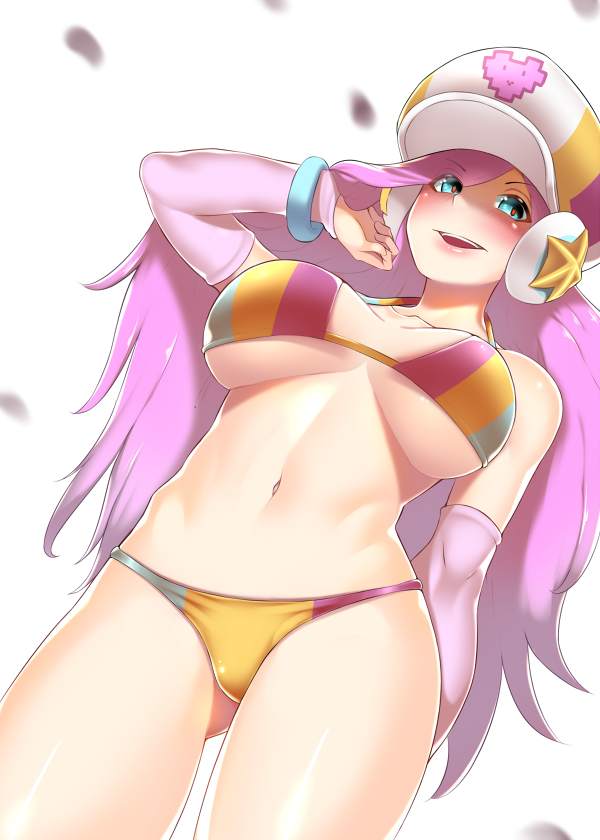 1girl akoniii alternate_costume arcade_miss_fortune blue_eyes bracelet breasts detached_sleeves dutch_angle from_below hair_flip hat headphones jewelry large_breasts league_of_legends long_hair looking_at_viewer open_mouth pink_hair sarah_fortune smile solo very_long_hair