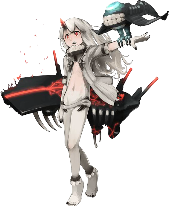 1girl ankle_cuffs bangs barefoot black_nails blush broken cannon collar enemy_aircraft_(kantai_collection) escort_hime flat_chest full_body horn kantai_collection long_hair nail_polish navel no_pants official_art open_clothes open_mouth open_shirt outstretched_arm red_eyes shibafu_(glock23) shinkaisei-kan shirt transparent_background white_hair white_skin