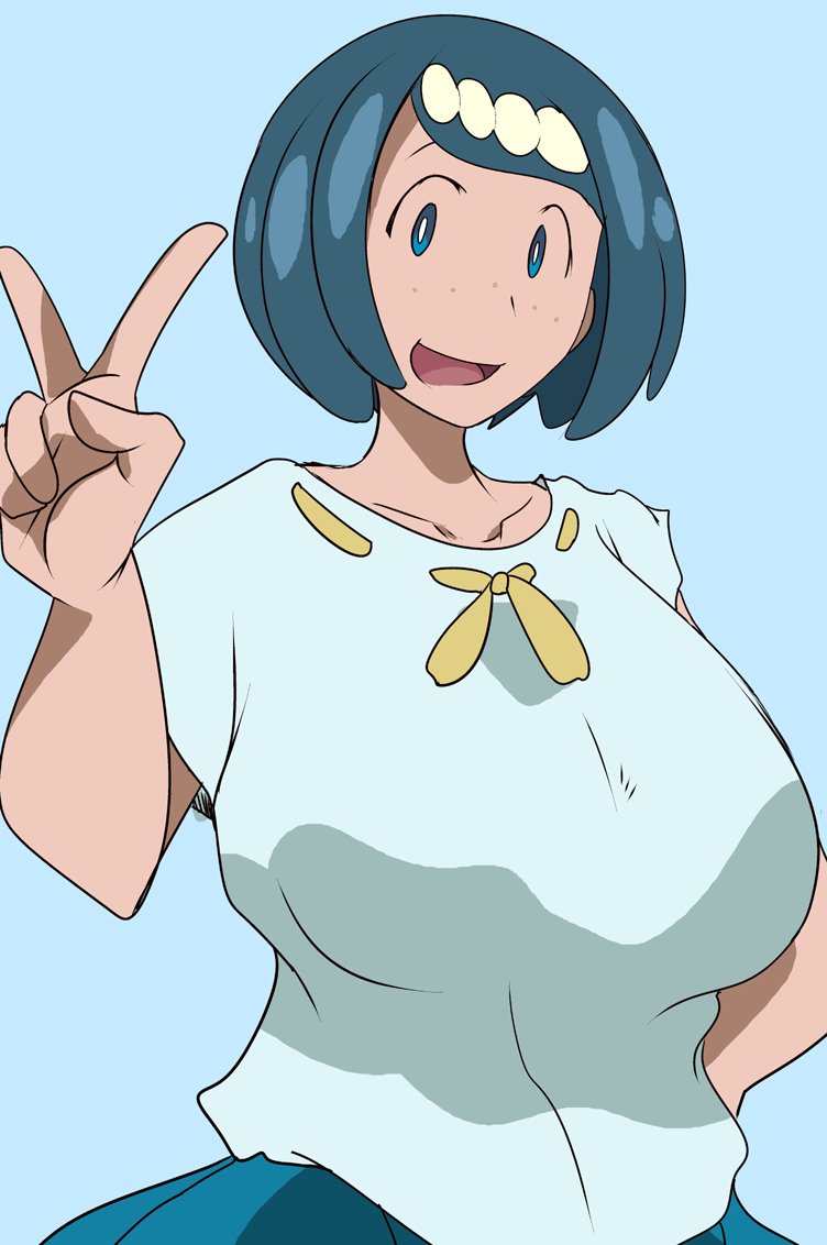 1girl :d alternate_breast_size bangs blue_background blue_eyes blue_shirt blue_skirt bob_cut breasts bright_pupils collarbone cowboy_shot freckles hairband hand_on_hip huge_breasts looking_at_viewer mature milf open_mouth pearl pleated_skirt pokemon pokemon_(anime) pokemon_sm_(anime) raised_eyebrows ribbon ribbon-trimmed_shirt ribbon_trim shirt short_hair short_sleeves simple_background skirt smile solo standing suiren's_mother_(pokemon) suitekiya2 swept_bangs t-shirt tareme tongue v white_hairband yellow_ribbon