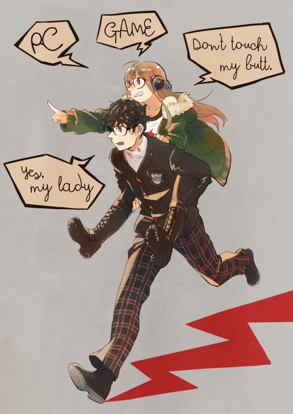 1boy 1girl black_hair boots carrying chanosuke commentary_request cross-laced_footwear english fur_trim glasses headphones jacket kurusu_akira long_hair orange_hair pants persona persona_5 piggyback plaid plaid_pants pointing sakura_futaba school_uniform short_hair smile speech_bubble