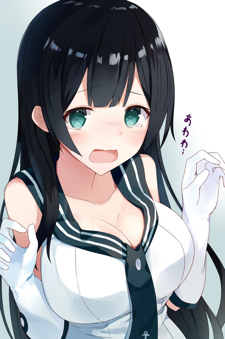 1girl agano_(kantai_collection) aqua_eyes bare_shoulders black_hair blue_background blush breasts cleavage collarbone elbow_gloves embarrassed gloves gradient gradient_background kantai_collection large_breasts long_hair looking_at_viewer necktie open_mouth sailor_collar shikuro_(iorimiyakiyo) sleeveless solo white_gloves