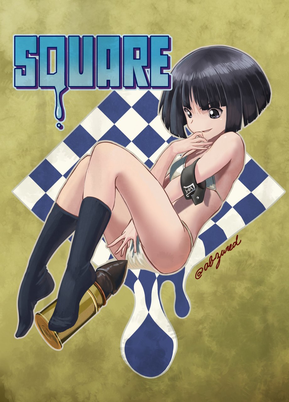 10s 1girl abazu-red armband bangs between_legs bikini black_eyes black_hair black_legwear blunt_bangs bob_cut breasts checkered fetal_position full_body girls_und_panzer hand_between_legs hand_to_own_mouth highres kneehighs no_shoes nose_art oversized_object sexually_suggestive shade short_hair small_breasts solo sono_midoriko string_bikini swimsuit tank_shell twitter_username white_bikini