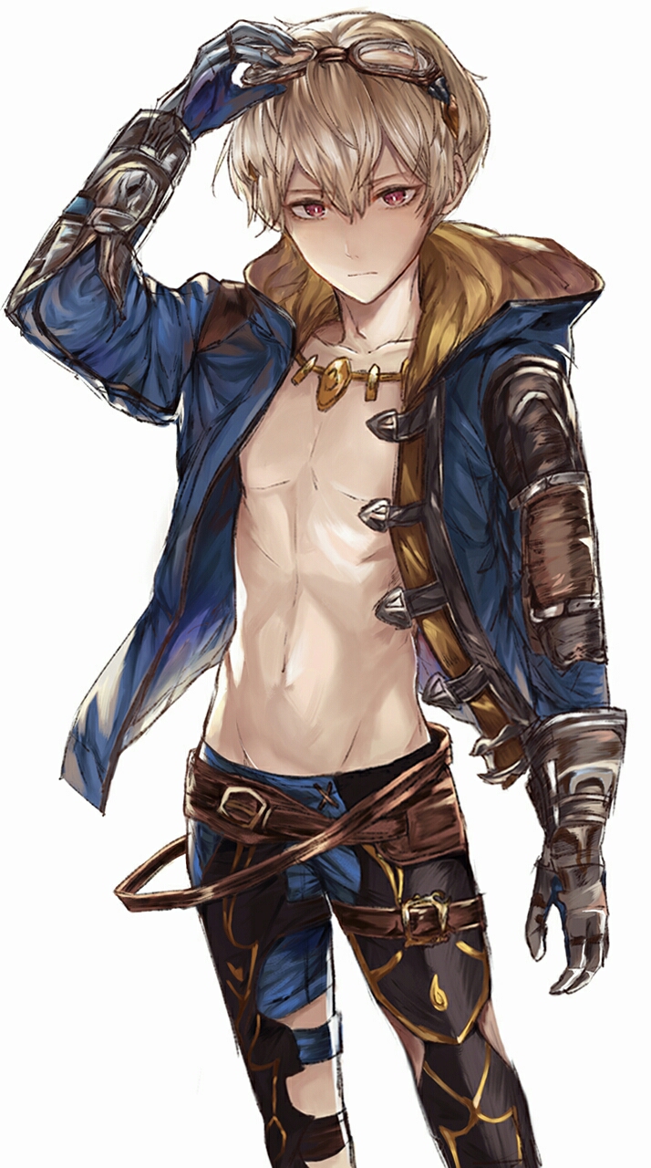 1boy alternate_costume belt blonde_hair fire_emblem fire_emblem_if gloves goggles goggles_on_head highres hood hood_down jewelry leon_(fire_emblem_if) male_focus navel necklace open_clothes open_shirt red_eyes shirt shirtless simple_background solo upper_body white_background