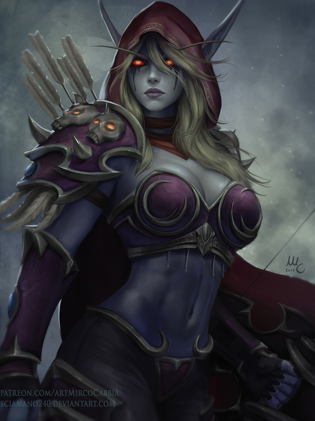1girl armor arrow bikini_armor black_nails blonde_hair blue_skin breasts choker cleavage elf feathers fingerless_gloves gauntlets gloves glowing glowing_eyes highres hood horns large_breasts lips long_hair midriff mirco_cabbia nail_polish navel pointy_ears red_eyes shield solo stomach sylvanas_windrunner warcraft world_of_warcraft