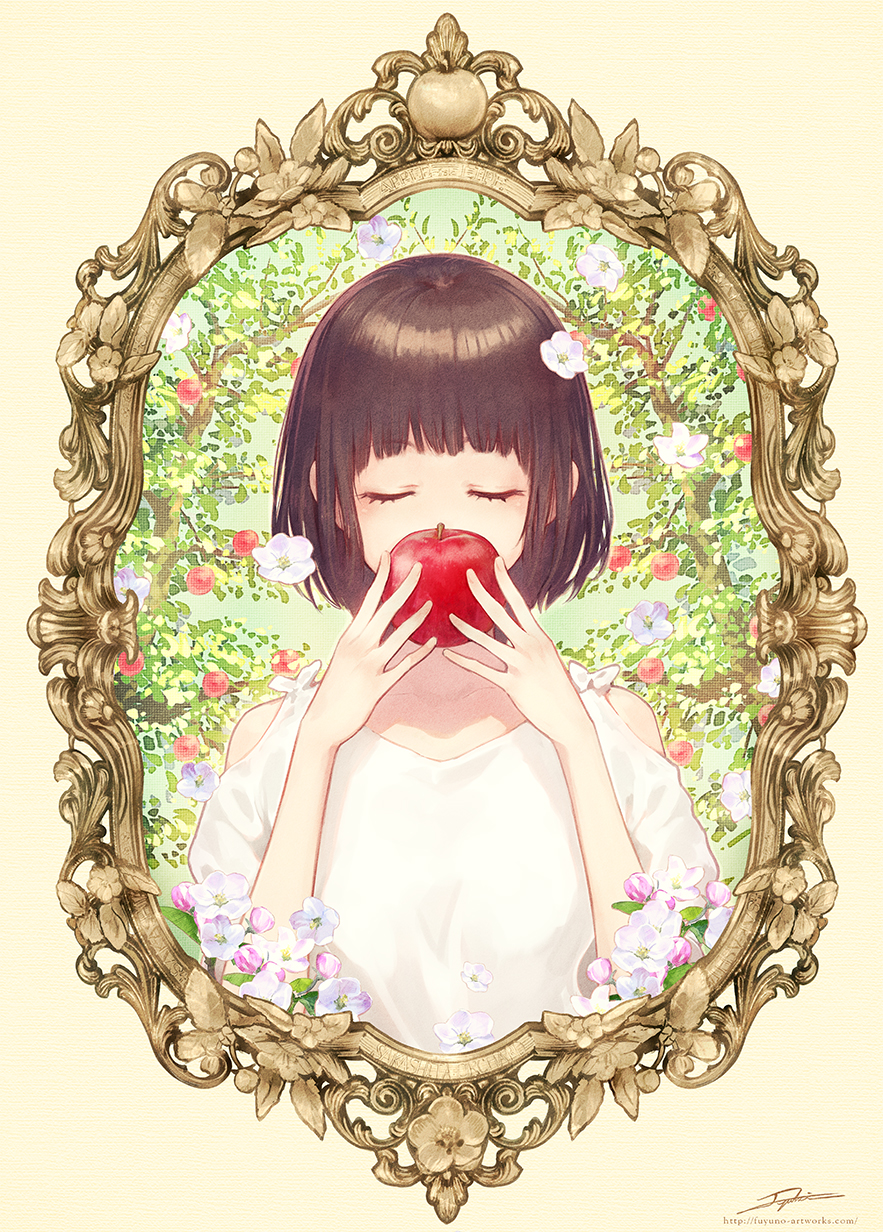 1girl apple artist_name bangs bare_shoulders blunt_bangs blush brown_hair closed_eyes collarbone commentary_request eyebrows_visible_through_hair facing_viewer flower food fruit hair_flower hair_ornament highres holding holding_food holding_fruit long_sleeves original picture_frame ribbon shiny shiny_hair shirt short_hair shoulder_cutout simple_background solo tree tree_branch upper_body watermark web_address white_flower white_ribbon white_shirt yellow_background yuranpo