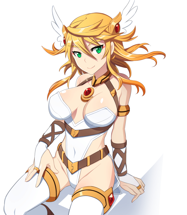 1girl arm_support armlet blonde_hair breasts bridal_gauntlets brooch choker fingerless_gloves gloves green_eyes hair_between_eyes headgear highleg highleg_leotard jewelry large_breasts leotard nanashino sitting smile solo thigh-highs white_gloves white_legwear