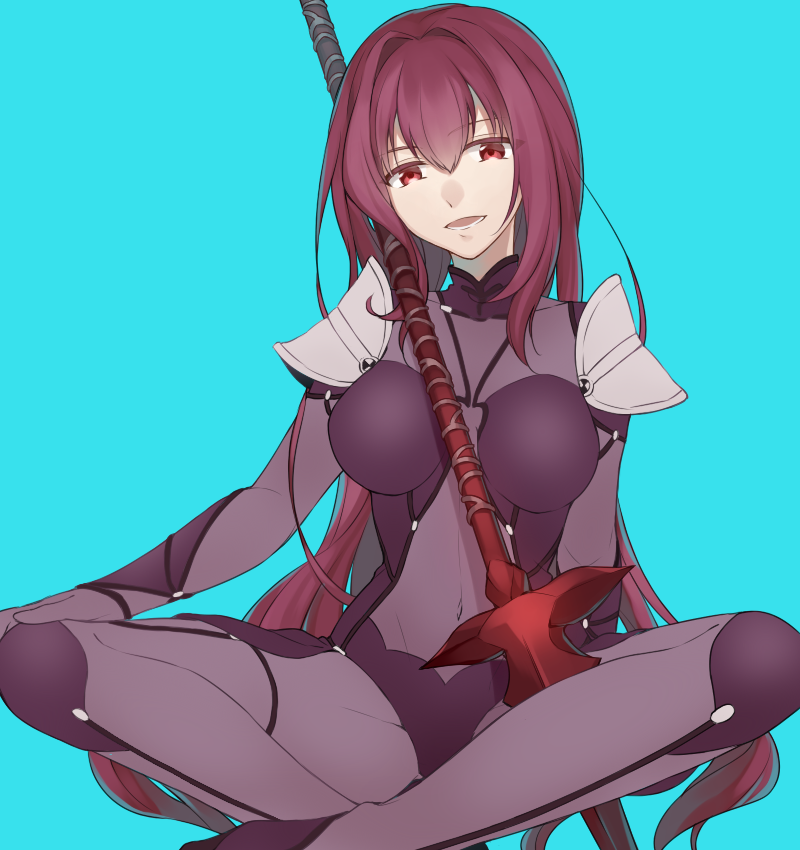 1girl armor blush bodysuit breasts citron_82 fate/grand_order fate_(series) indian_style lance long_hair looking_at_viewer open_mouth polearm purple_bodysuit purple_hair red_eyes scathach_(fate/grand_order) sitting smile solo weapon