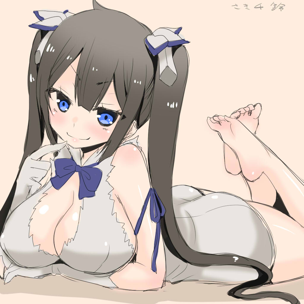 1girl arm_ribbon ass bare_shoulders barefoot black_hair blue_eyes blush bow breasts brown_background cleavage cleavage_cutout dated dress dungeon_ni_deai_wo_motomeru_no_wa_machigatteiru_darou_ka elbow_gloves feet gloves hair_ribbon hand_to_own_mouth hestia_(danmachi) large_breasts legs_up long_hair looking_at_viewer lying on_stomach rei_no_himo ribbon saki_chisuzu simple_background sketch smile soles solo the_pose twintails white_dress white_gloves