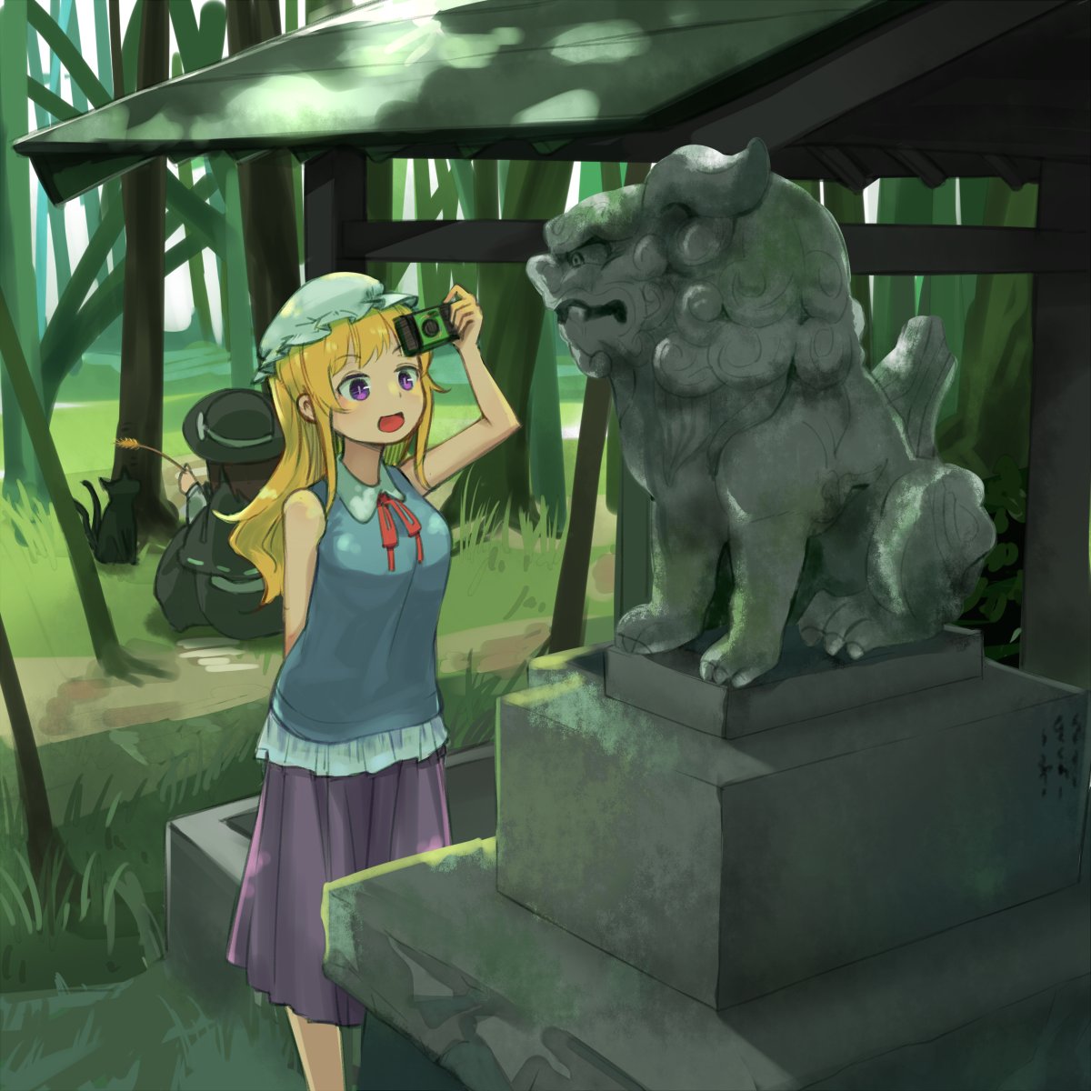 2girls arm_behind_back bangs black_skirt blonde_hair blue_shirt blush breasts brown_hair camera capelet cat cattail dappled_sunlight day fedora grass hat highres holding holding_camera komainu layered_clothing long_hair long_skirt looking_up maribel_hearn mob_cap multiple_girls nekomata open_mouth outdoors plant purple_skirt red_ribbon ribbon shirt sitting_on_ground skirt sleeveless sleeveless_shirt slit_pupils statue sunlight touhou usami_renko usuaji violet_eyes