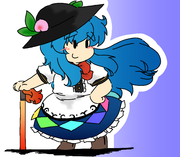 1girl blue_hair blush boots chibi food fruit hair_blowing hand_on_hip hat hinanawi_tenshi long_hair peach smile solid_circle_eyes solo sword_of_hisou thick_eyebrows touhou very_long_hair wind yanagitaaaan