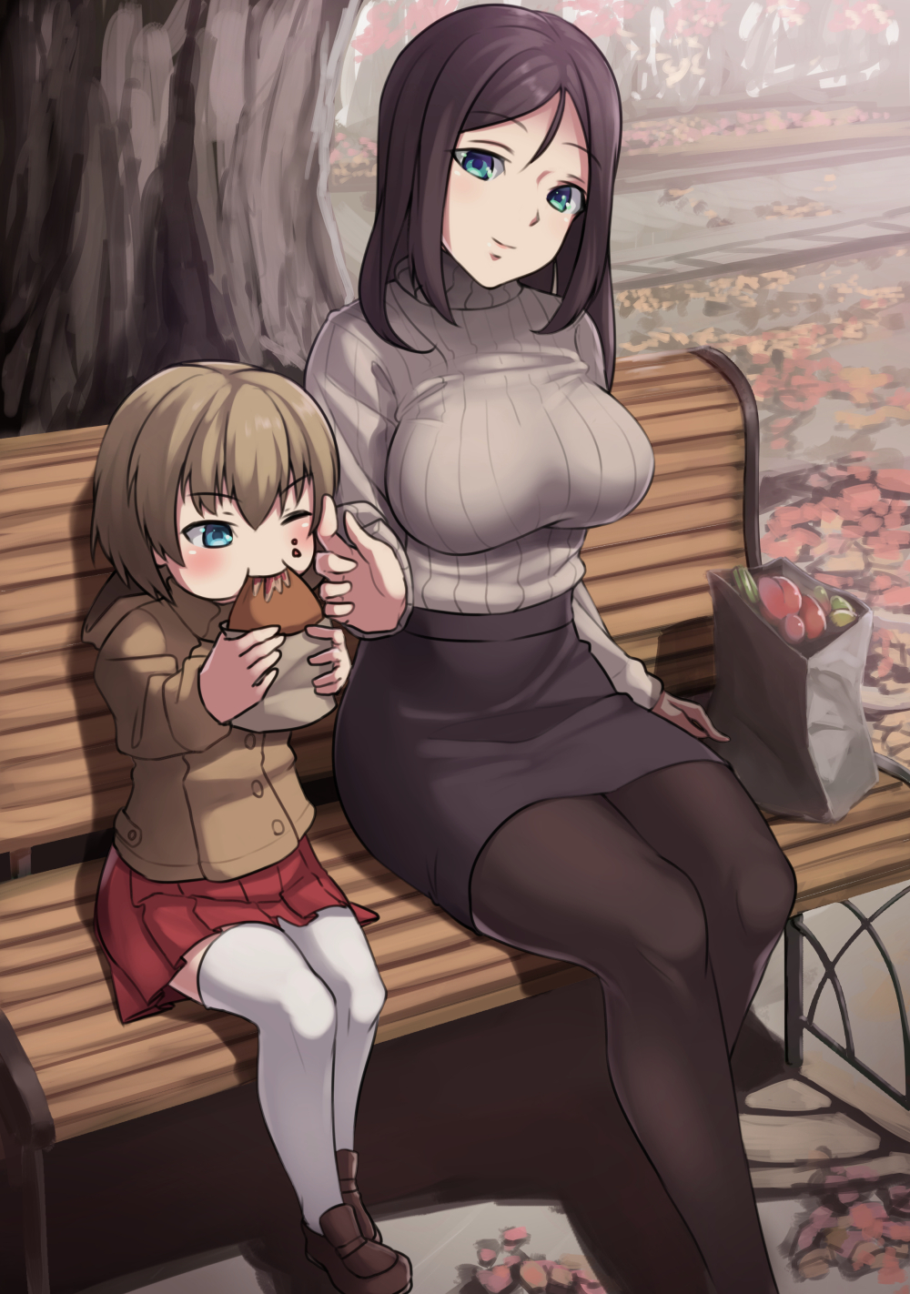 2girls bag bangs bench black_legwear black_skirt blonde_hair blue_eyes breasts brown_coat brown_shoes closed_mouth coat day eating food food_on_face girls_und_panzer grey_sweater grocery_bag hand_on_another's_face highres holding holding_food katyusha large_breasts light_smile loafers long_hair long_sleeves looking_at_another mature medium_skirt miniskirt multiple_girls nonna older one_eye_closed outdoors pantyhose park_bench pencil_skirt pleated_skirt red_skirt ribbed_sweater shoes shopping_bag short_hair sitting skirt sweater swept_bangs thigh-highs tree turtleneck white_legwear yamaori younger