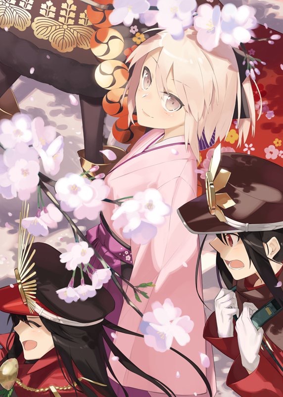 3girls ahoge architecture arm_support black_bow black_hair bow cape cherry_blossoms demon_archer east_asian_architecture fate/grand_order fate_(series) hair_bow hayashi_kewi japanese_clothes kimono light_smile lips looking_at_another looking_at_viewer multiple_girls oda_nobukatsu_(fate/grand_order) open_mouth pink_eyes pink_hair pink_kimono ponytail sakura_saber shinsengumi short_hair short_kimono sidelocks sitting sleeves_past_wrists straight_hair toeless_legwear wide_sleeves