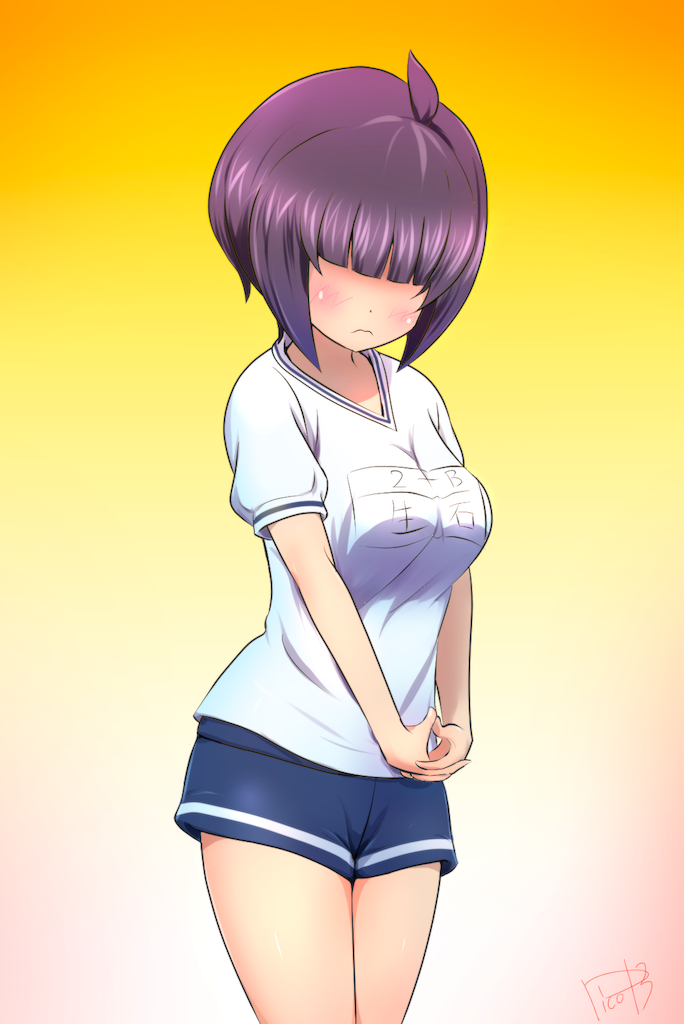 1girl bangs blue_shorts blunt_bangs blush breasts character_request closed_mouth commentary_request cowboy_shot facing_viewer gym_shirt gym_shorts gym_uniform hair_over_eyes large_breasts name_tag own_hands_together picolette_xiii purple_hair ryuuou_no_oshigoto! shirt short_hair short_shorts short_sleeves shorts sidelocks signature solo white_shirt