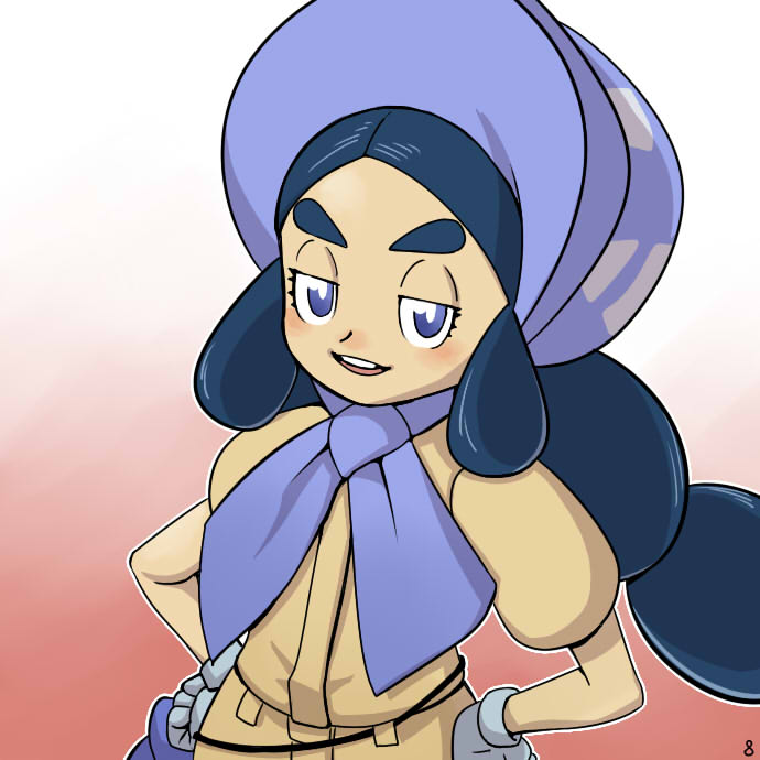 &gt;:d 1girl :d black_hair blush bonnet bright_pupils dark_skin eyelashes facing_away flat_chest gloves gooberman_(kdk5011) grey_gloves haapuu_(pokemon) half-closed_eyes hands_on_hips island_kahuna jumpsuit kahuna_(pokemon) long_hair looking_at_viewer nintendo npc npc_trainer number open_mouth outline pokemon pokemon_(game) pokemon_sm pouch puffy_short_sleeves puffy_sleeves short_sleeves sidelocks smile solo teeth thick_eyebrows twintails upper_body very_long_hair violet_eyes