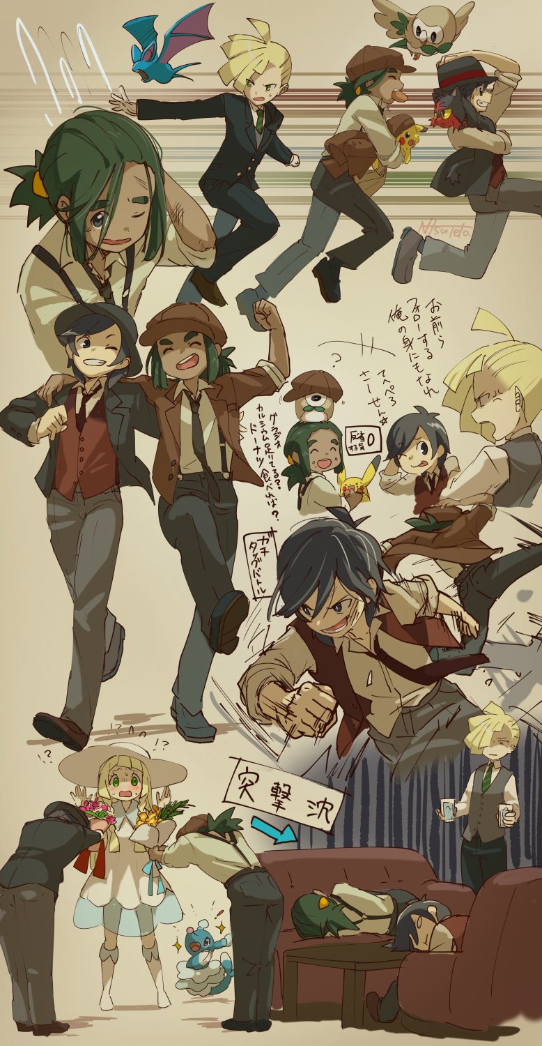 1girl 3boys alternate_costume arm_around_shoulder black_hair blonde_hair boots bouquet brionne cabbie_hat couch dark_skin dark_skinned_male dress flower formal gladio_(pokemon) green_hair green_necktie hair_down hair_ornament hair_over_one_eye hairclip hat hau_(pokemon) highres jacket lillie_(pokemon) low_ponytail male_focus male_protagonist_(pokemon_sm) multiple_boys natsuno_hamuto necktie pikachu pokemon pokemon_(game) pokemon_sm ponytail rowlet running see-through sidelocks striped striped_necktie sun_hat white_dress zubat