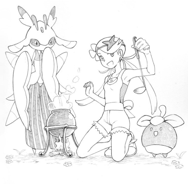 1girl :d bangs bonfire bounsweet breasts fire flower full_body gooberman_(kdk5011) hair_flower hair_ornament headband kneeling ladle long_hair mallow_(pokemon) monochrome open_mouth orchid_mantis overalls pokemon pokemon_(creature) pokemon_(game) pokemon_sm pouch praying_mantis simple_background small_breasts smile suspenders swept_bangs trial_captain twintails white_background