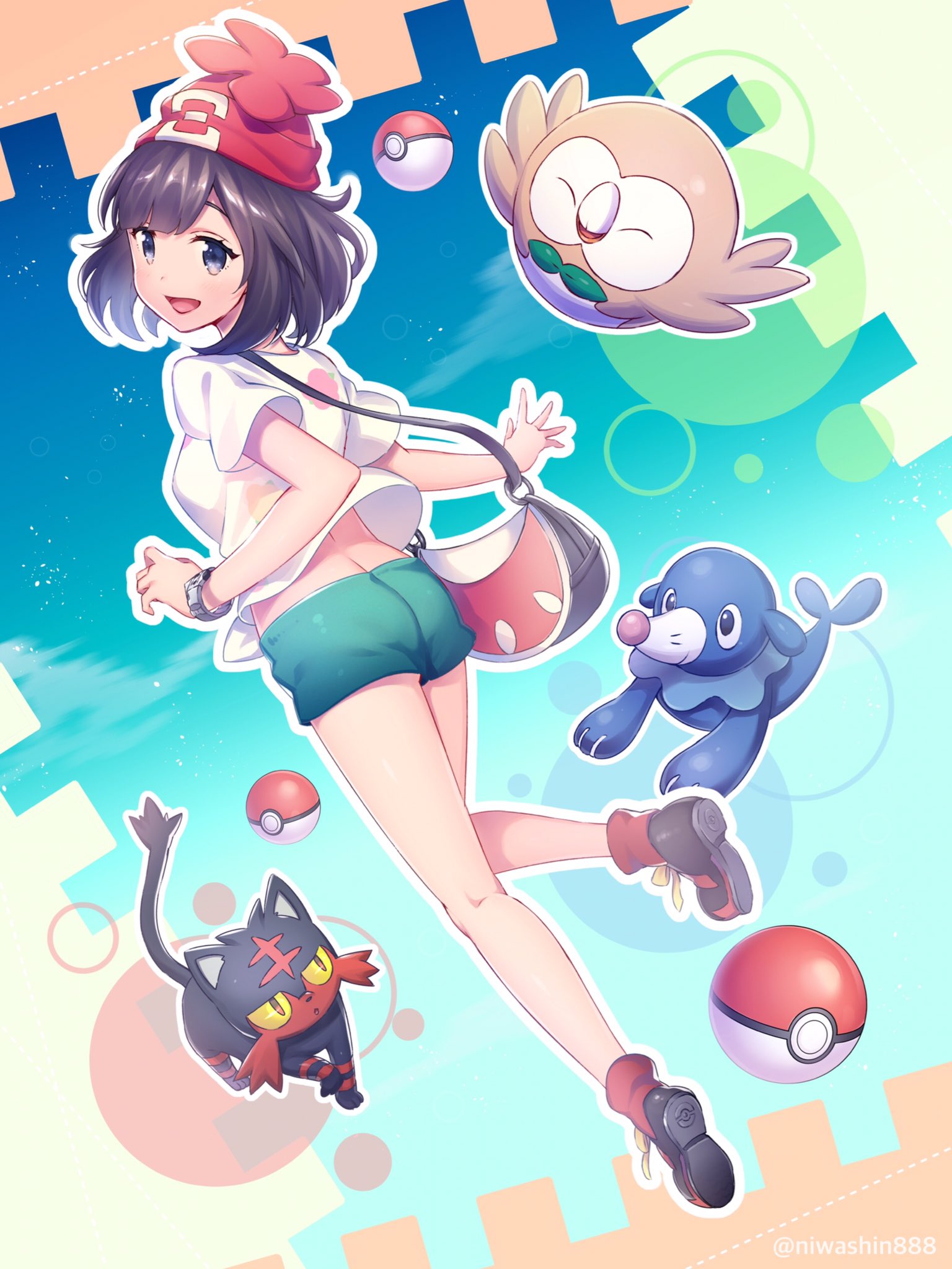 1girl ass back bag bare_legs beanie black_eyes black_hair blue_sky blush breasts closed_eyes female_protagonist_(pokemon_sm) floral_print from_behind green_shorts hat highres legs litten looking_back medium_breasts niwashi_(yuyu) open_mouth poke_ball pokemon pokemon_(creature) pokemon_(game) pokemon_sm popplio rowlet shirt shoes short_hair short_sleeves shorts sky smile solo twitter_username z-ring