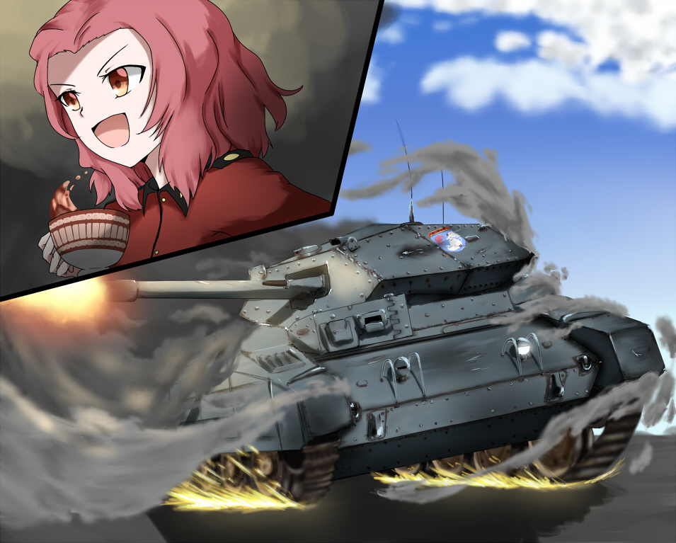 1girl bangs brown_eyes clouds cloudy_sky crusader_(tank) day dust_cloud epaulettes firing girls_und_panzer ground_vehicle holding inset jacket kurotora long_sleeves military military_uniform military_vehicle motor_vehicle open_mouth outdoors parted_bangs red_jacket redhead rosehip short_hair sky smile smoke solo sparks spilling st._gloriana's_military_uniform tank tea uniform