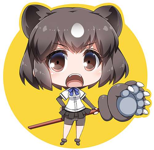 1girl animal_ears bear_ears bear_paws bike_shorts black_shorts blush brown_bear_(kemono_friends) brown_eyes brown_hair chibi eyebrows_visible_through_hair full_body hand_on_hip holding holding_weapon kemono_friends long_sleeves lowres open_mouth shirt short_sleeves shorts solo standing suzuri_(tennenseki) weapon white_shirt