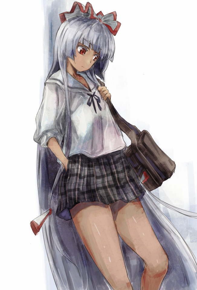 1girl against_wall book_bag contemporary fujiwara_no_mokou hair_ribbon hand_in_pocket long_hair plaid plaid_skirt red_eyes ribbon school_uniform silver_hair skirt solo touhou very_long_hair yohane