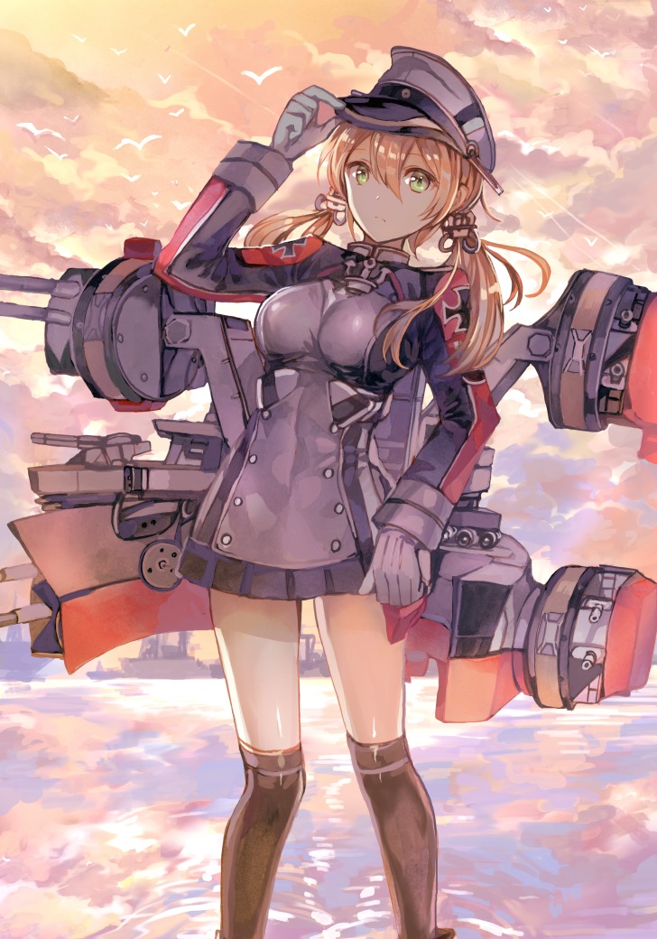1girl black_legwear black_skirt blonde_hair gloves green_eyes hair_between_eyes hat kantai_collection long_hair long_sleeves low_twintails machinery military military_uniform miniskirt ocean peaked_cap pleated_skirt prinz_eugen_(kantai_collection) rioka_(southern_blue_sky) ship skirt solo thigh-highs twintails uniform watercraft white_gloves