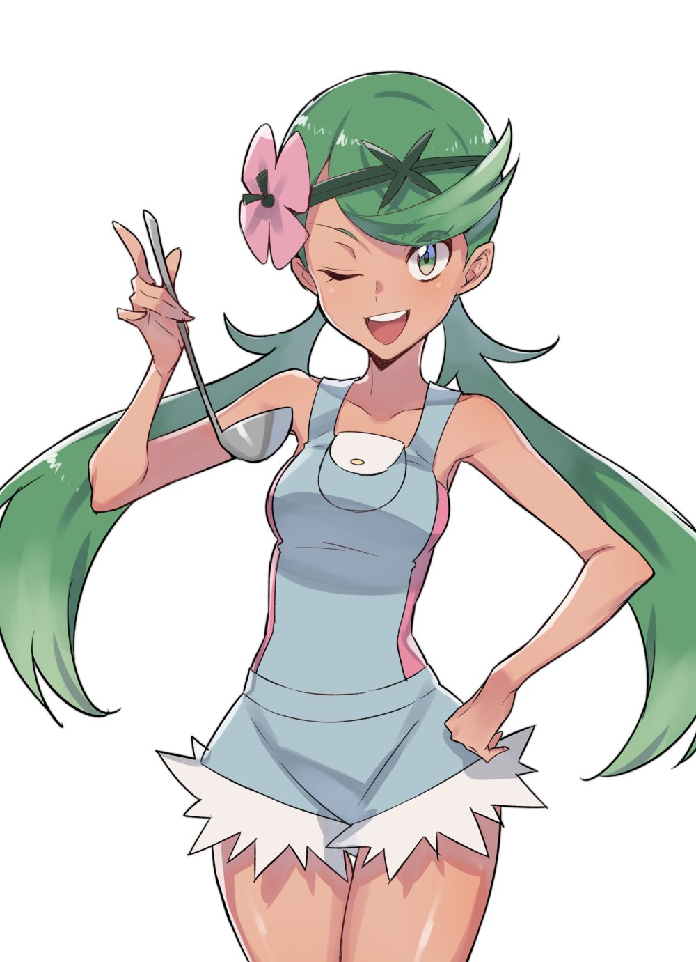1girl ;d apron bangs bare_shoulders breasts collarbone cropped_legs dark_skin eyebrows_visible_through_hair flower flower_on_head green_eyes green_hair hair_flower hair_ornament hand_on_hip highres hips ladle looking_at_viewer mallow_(pokemon) medium_breasts one_eye_closed open_mouth pink_shirt pokemon pokemon_(game) pokemon_sm shirt simple_background sleeveless sleeveless_shirt smile solo supernew swept_bangs thighs trial_captain twintails white_background