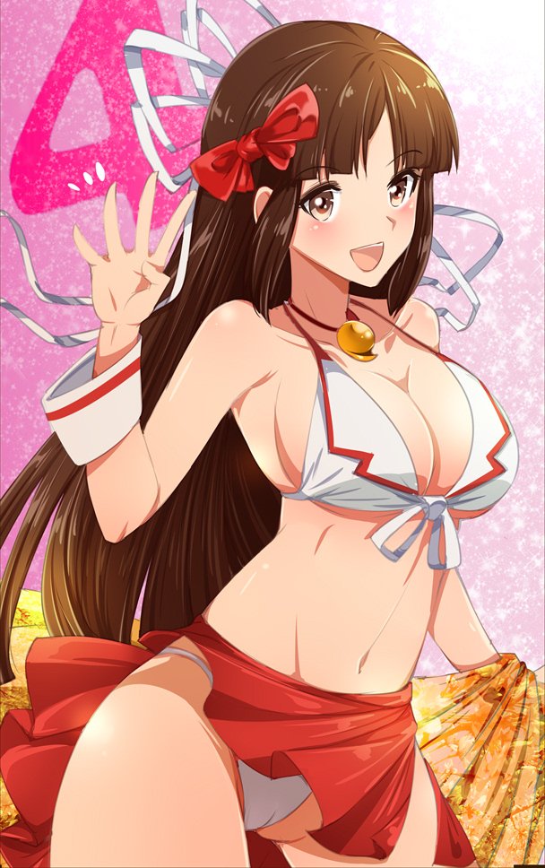 1girl 4 :d alternate_costume bikini blush bow brown_eyes brown_hair commentary_request contrapposto cowboy_shot front-tie_bikini front-tie_top hair_bow hair_ribbon hiyou_(kantai_collection) jewelry kantai_collection long_hair looking_at_viewer magatama makumaxu navel number open_mouth pendant ribbon sarong smile solo swimsuit very_long_hair white_bikini wrist_cuffs