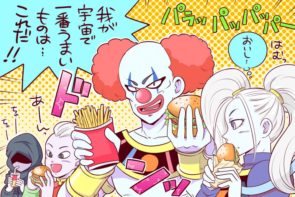 1girl 2boys belmod black_eyes blue_skin dragon_ball dragon_ball_super drinking drinking_straw eating egyptian_clothes emphasis_lines food food_on_face french_fries grey_hair hamburger hood khai_(dragon_ball) marcarita multiple_boys open_mouth pale_skin parody pesogin purple_skin red_lips redhead smile translation_request twintails violet_eyes white_hair wrist_cuffs
