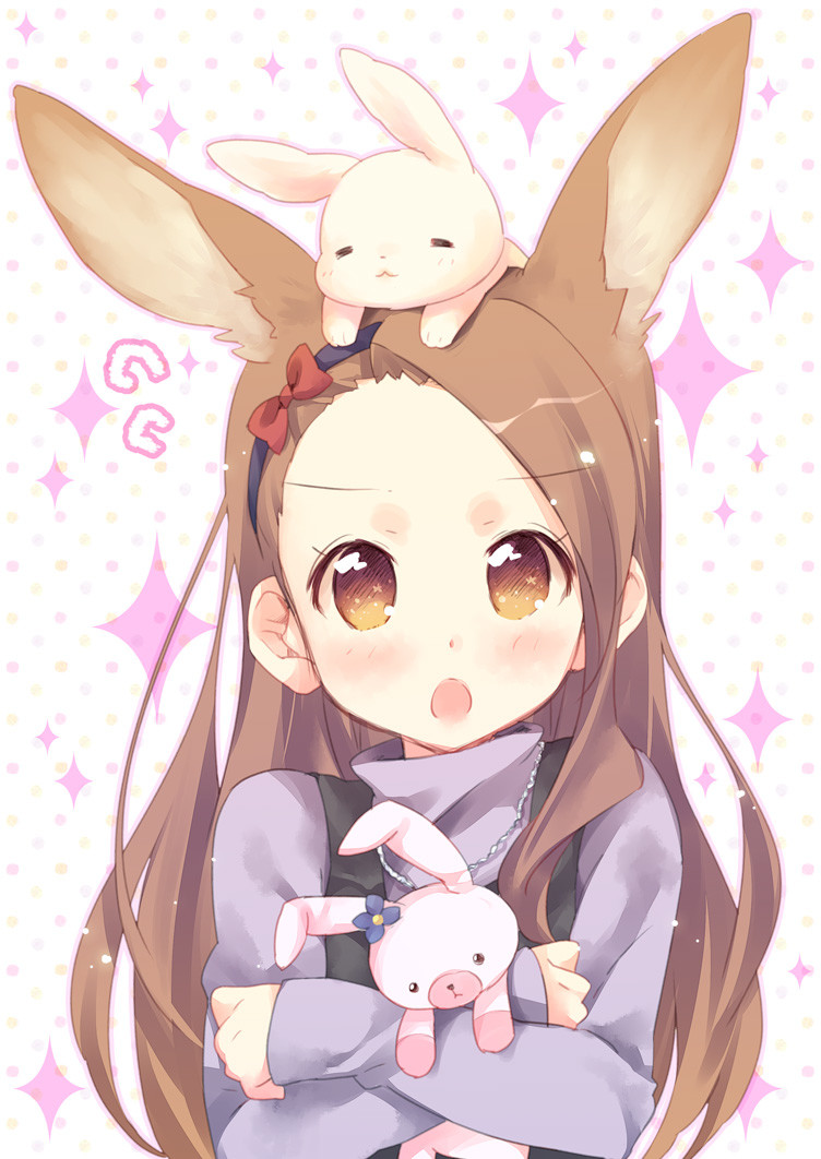 &gt;:o 1girl :o animal animal_ears animal_on_head blush brown_eyes brown_hair bunny_on_head crossed_arms doll_hug ech extra_ears hair_ribbon idolmaster idolmaster_2 kemonomimi_mode long_hair long_sleeves looking_at_viewer minase_iori on_head open_mouth rabbit rabbit_ears ribbon solo sparkle stuffed_animal stuffed_bunny stuffed_toy upper_body