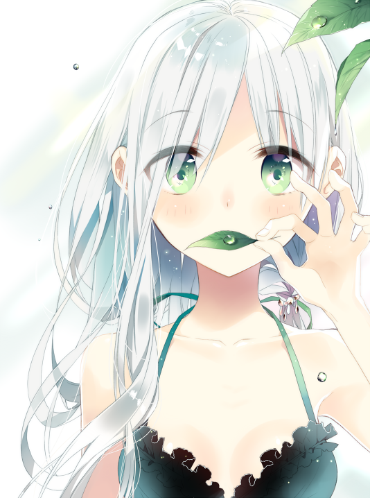 1girl bangs bikini black_bikini_top blush collarbone covered_mouth eyebrows_visible_through_hair frilled_bikini frills green_eyes halter_top halterneck hand_up holding holding_leaf leaf long_hair looking_at_viewer naoto_(tulip) original shiny shiny_hair silver_hair solo swimsuit tareme upper_body water_drop wavy_hair white_background white_hair