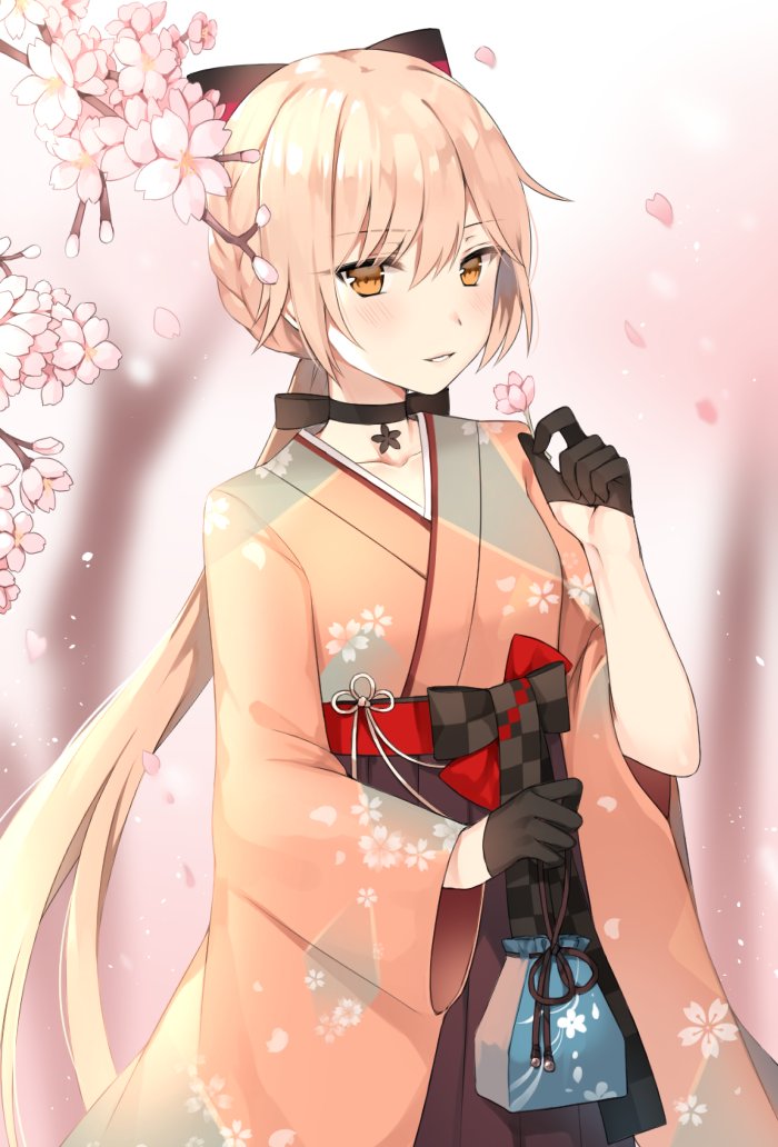 1girl black_bow black_gloves blush bow bow_choker braid canape_(canape0130) cherry_blossoms choker collarbone eyebrows_visible_through_hair festival floral_print flower from_behind girls_frontline gloves hair_bow hair_ribbon hakama half_gloves high-waist_skirt holding holding_flower holster japanese_clothes long_hair looking_at_viewer meiji_schoolgirl_uniform obi orange_eyes ots-14_(girls_frontline) parted_lips petals pink_hair ribbon sash skirt smile solo thigh_holster thigh_strap thighs torn_clothes torn_hakama torn_skirt very_long_hair