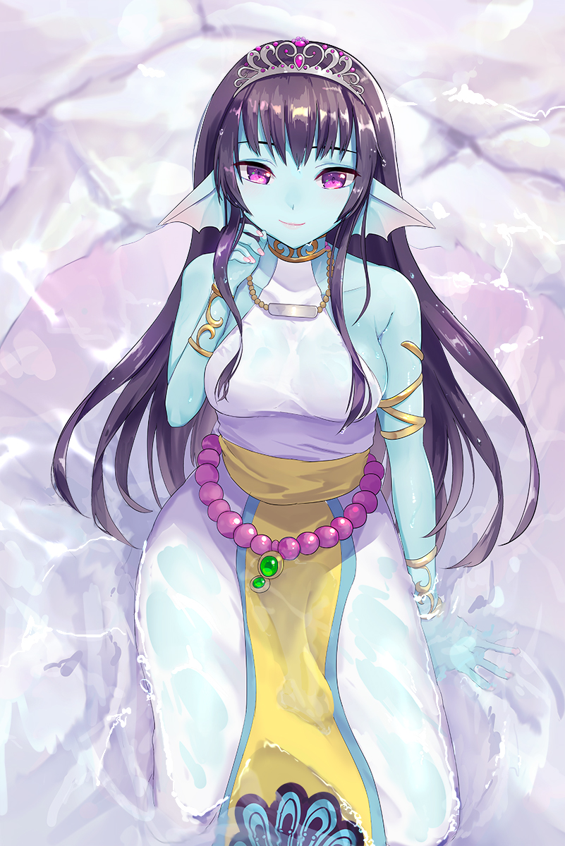 1girl bare_shoulders beads belly_chain black_hair blue_skin breasts dragon_quest dragon_quest_x dress halterneck highres jewelry kz_ripo long_hair looking_at_viewer medium_breasts monster_girl necklace partially_submerged sash seria_(dq10) sideboob sitting smile solo tiara violet_eyes water wet
