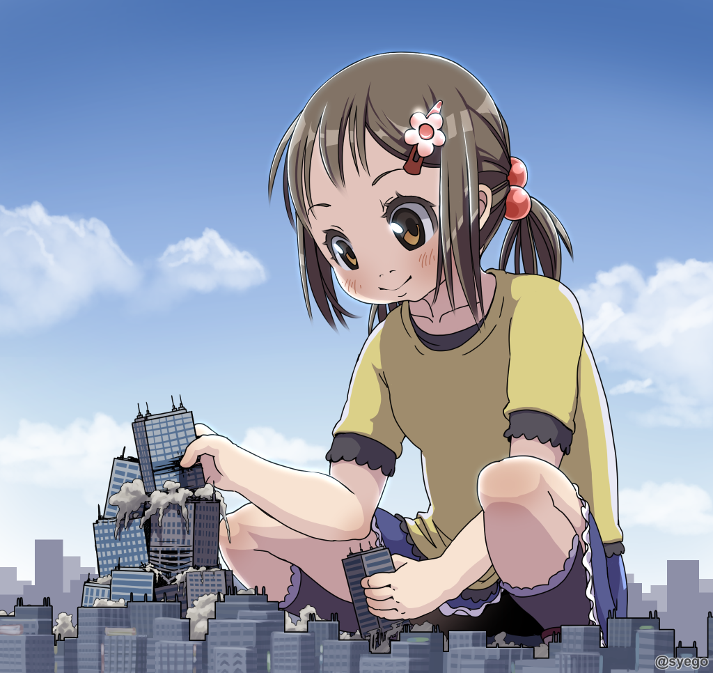 1girl artist_name building child city clouds collarbone commentary_request giantess grabbing hair_bobbles hair_ornament hairclip hand_up holding kneehighs light_brown_hair low_twintails orange_eyes original shirt short_sleeves signature skirt sky smile solo squatting syego twintails twitter_username watermark yellow_shirt