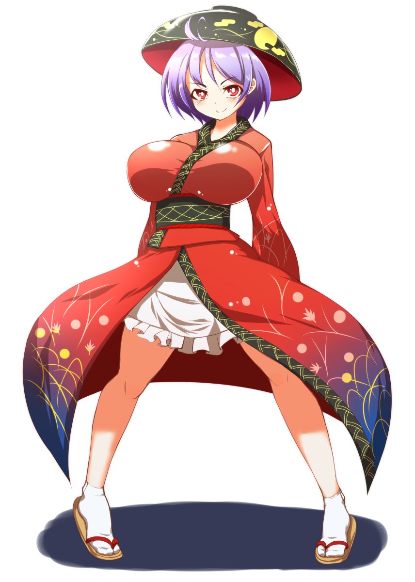 1girl bowl bowl_hat breasts hat highres japanese_clothes kimono large_breasts obi pandain purple_hair red_eyes sandals sash sukuna_shinmyoumaru tabi touhou
