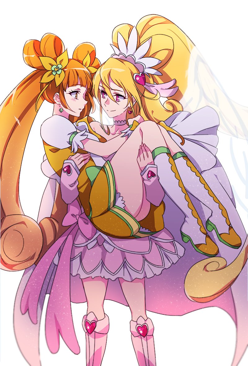 2girls aida_mana bare_shoulders blush boots brown_eyes brown_hair carrying choker cure_heart cure_rosetta dokidoki!_precure earrings heart heart_earrings jewelry long_hair looking_at_another magical_girl multiple_girls negom pink_eyes ponytail precure princess_carry simple_background smile very_long_hair white_background yotsuba_alice