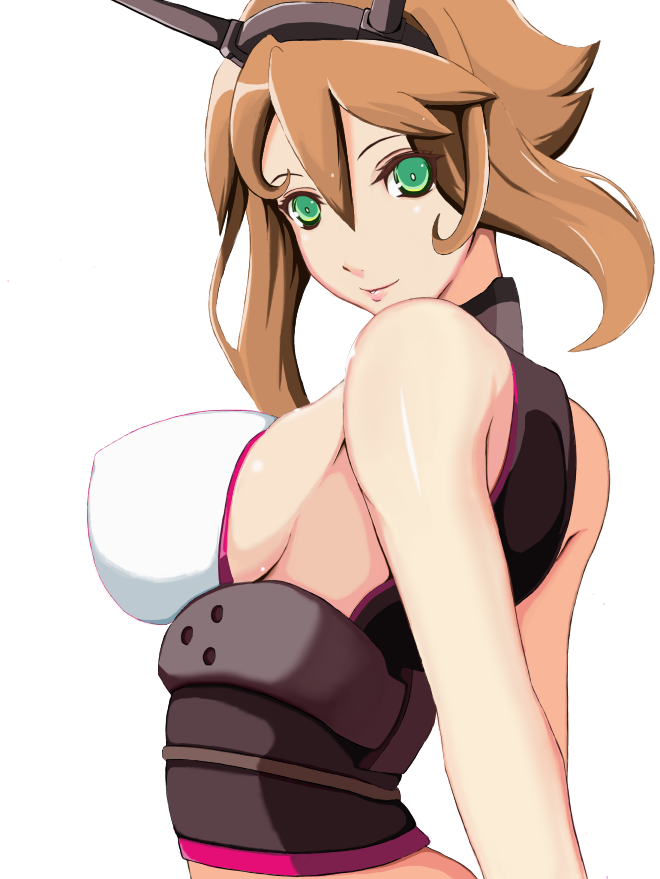 1girl bangs breasts brown_hair erect_nipples flipped_hair from_side gel_(guyver123) green_eyes hair_between_eyes headgear kantai_collection large_breasts lips mutsu_(kantai_collection) short_hair sideboob simple_background sleeveless smile solo upper_body white_background