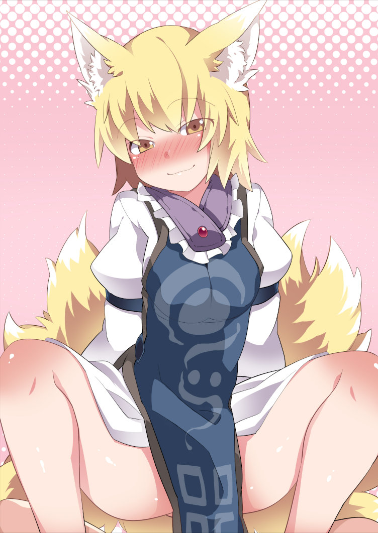 1girl animal_ears blonde_hair blush eyebrows_visible_through_hair fox_ears fox_tail hammer_(sunset_beach) kitsune multiple_tails no_hat no_headwear short_hair simple_background smile spread_legs tabard tail touhou yakumo_ran yellow_eyes