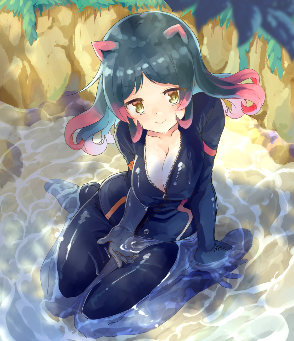 1girl blue_hair blush breasts catsuit cleavage collarbone from_above hippopotamus_(kemono_friends) hippopotamus_ears kemono_friends large_breasts long_hair looking_at_viewer multicolored_hair naka_akira open_clothes partially_submerged pink_hair pool sitting smile solo wariza yellow_eyes