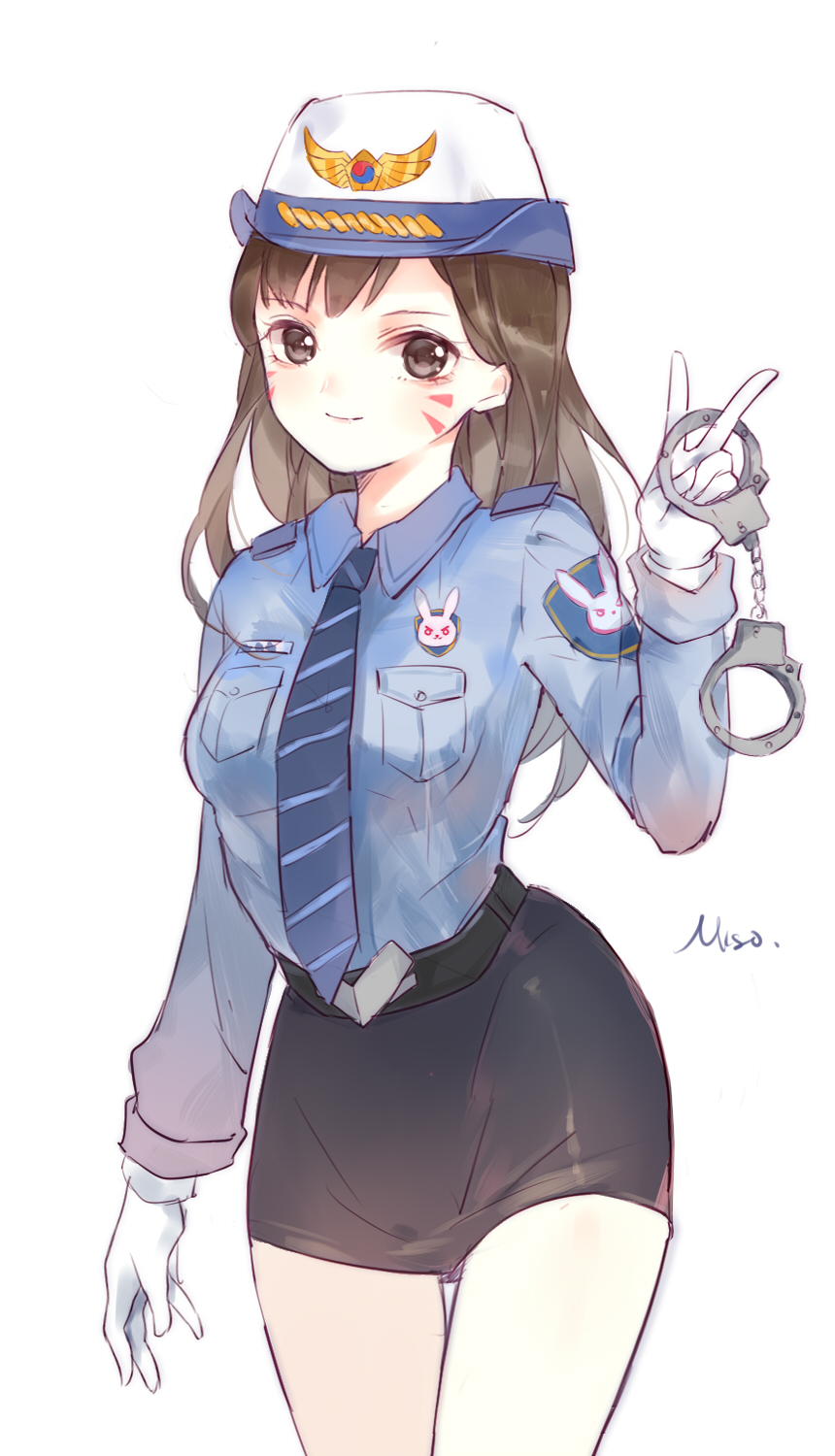 1girl adapted_costume alternate_costume animal_print bangs black_skirt blue_shirt breast_pocket breasts brown_eyes brown_hair bunny_print collared_shirt cowboy_shot cuffs d.va_(overwatch) facepaint facial_mark female_service_cap gloves handcuffs hat highres holding light_smile long_hair long_sleeves looking_at_another medium_breasts miniskirt misononeko necktie officer_d.va overwatch pocket shirt simple_background skirt solo striped striped_necktie swept_bangs v whisker_markings white_background white_gloves