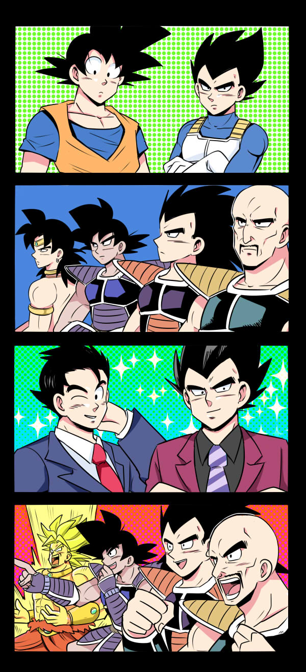 4koma abs alternate_hairstyle armlet armor bald broly circlet clenched_hands collarbone comic crossed_arms dougi dragon_ball dragonball_z earrings facial_hair formal frown gaijin_4koma gloves highres jewelry muscle mustache nappa neck_ring necktie one_eye_closed open_mouth pesogin pointing raditz shoulder_armor smile son_gokuu sparkle striped striped_necktie suit super_saiyan tullece vegeta white_gloves