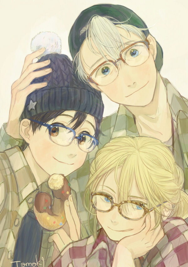 3boys backwards_hat baseball_cap bespectacled black_hair blonde_hair blue-framed_eyewear blue_eyes brown_eyes checkered_shirt collared_shirt doughnut food glasses green_eyes hat katsuki_yuuri male_focus multiple_boys nita_(msre27) red-framed_eyewear shirt silver_hair smile viktor_nikiforov yellow-framed_eyewear yuri!!!_on_ice yuri_plisetsky