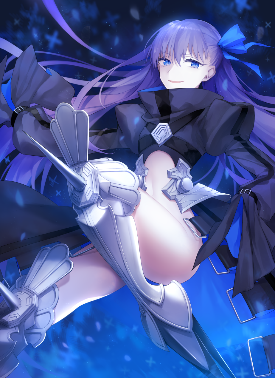 1girl armor armored_boots ass blue_eyes boots fate/extra fate/extra_ccc fate_(series) highres long_hair looking_at_viewer meltlilith navel purple_hair smile solo very_long_hair wowishi